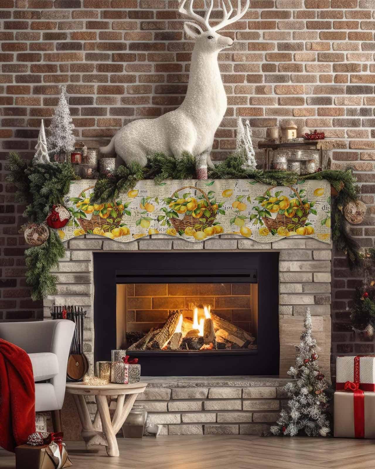 Ocean Party Nature Mantel Scarf for Fireplace 60 x17 Inch Retro Summer Yellow Lemon Fruit Fireplace Mantle Scarves Mantel Cover Runner for Home Living Room Holiday Party Decorations