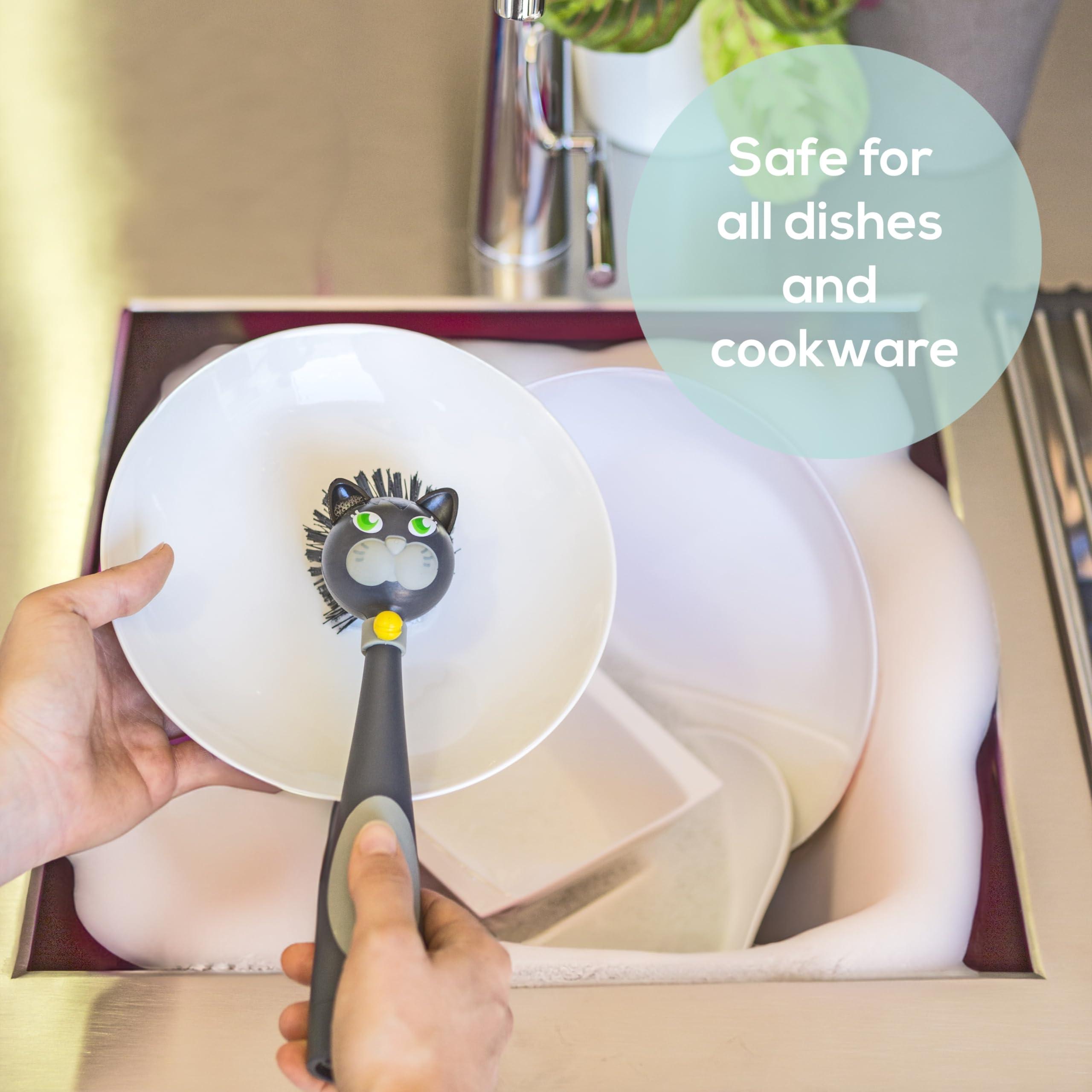 Vigar Vigar Felix Cat-Shaped Soap Dispensing Dish Brush, Dish Brush with Soap Dispenser for Pot Scrubber, Dishes, Sink, and Kitchen Essentials, Black, Gray