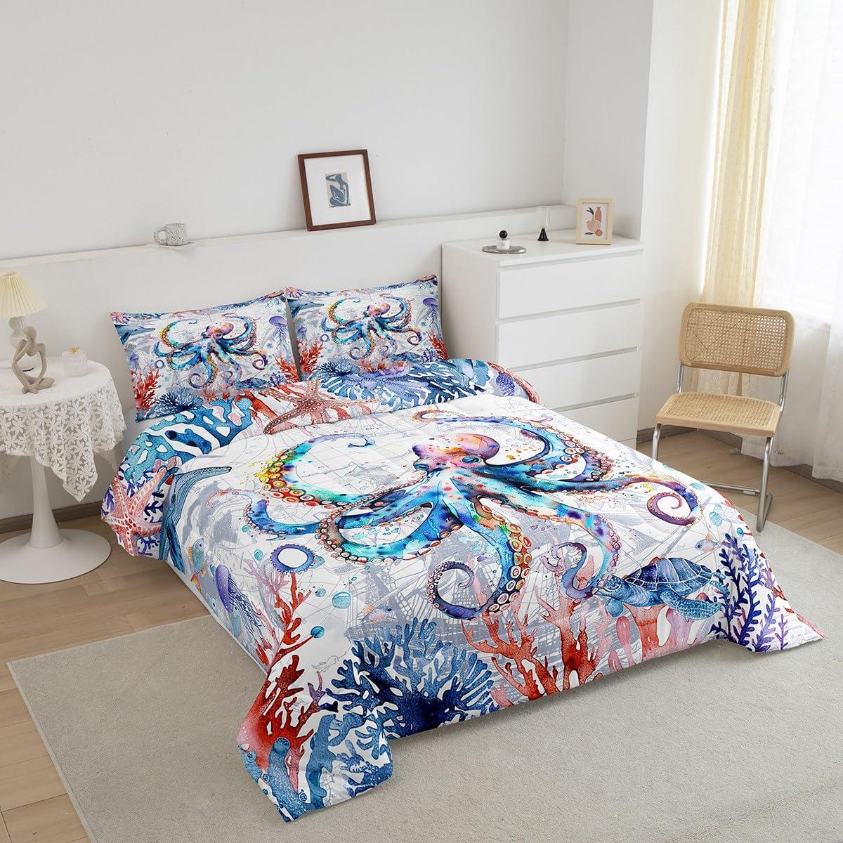 Feelyou Feelyou Kids Boys Girls Octopus Bedding Set Full, Ocean Octopus Comforter Ocean Animal Comforter Set for Sealife Duvet Set with 2 Pillow Case Room Decor Quilt Set Bedding Collection