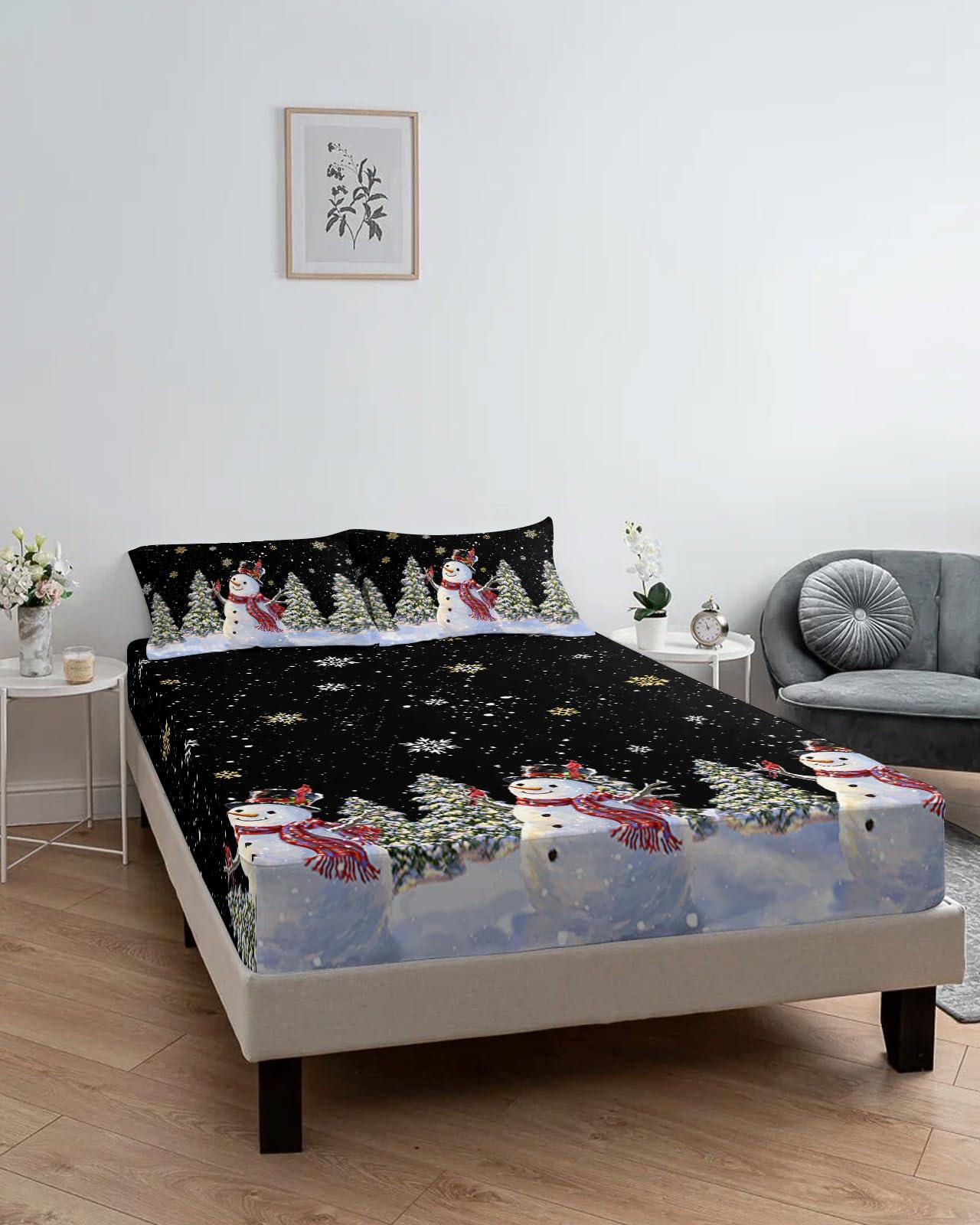 Alandar Home King Fitted Bed Sheet Deep Pocket,Merry Christmas Snowman Christmas Tree Bedding Sheet Soft Brushed Microfiber Fitted Sheets,Winter Snowflakes Black Hotel Luxury Fitted Bottom Sheet Pillowcase Set