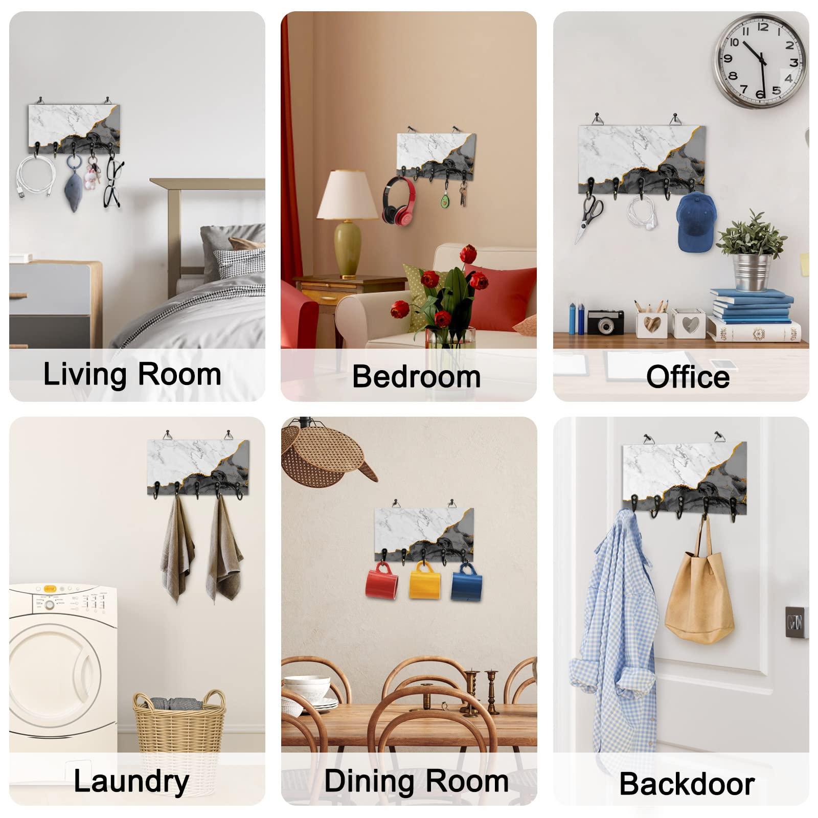 FortuneHouse8 Key Holder for Wall Black Grey Marble Decorative Key Hanger for Wall White Modern Abstract Art Luxurious Wall Mounted Key Racks with 5 Key Hooks Wood Key Holder for Entryway Hallway Doorway Office