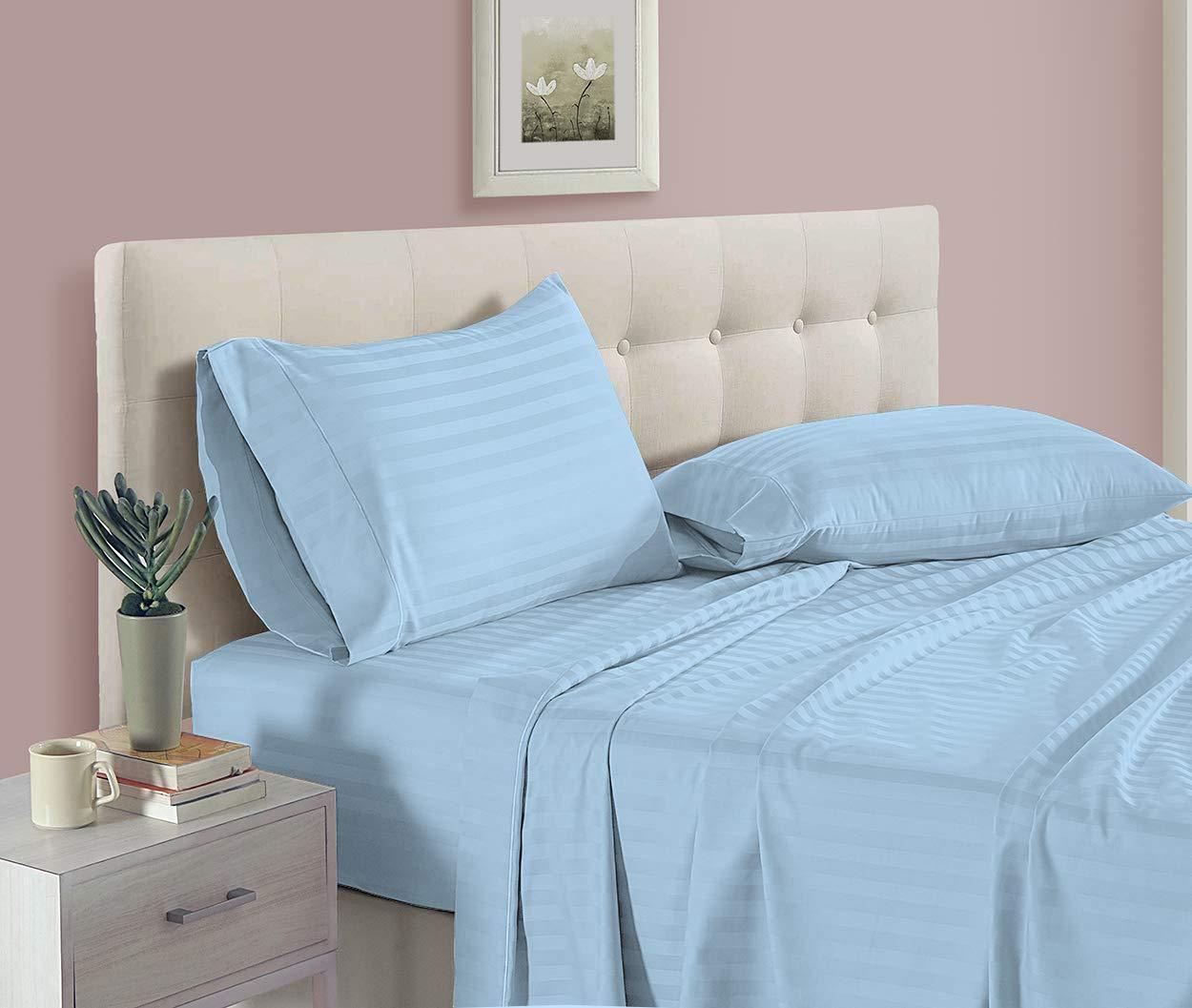 Olivialinen Twin XL Sheets for College - Egyptian Cotton Twin Extra Long Bed Sheet Set - 400 TC Twin Long Bedding for Dorm Bed- Fully Elastic Fitted Sheets Fits upto 15\" Deep Mattress, Light Blue Stripe