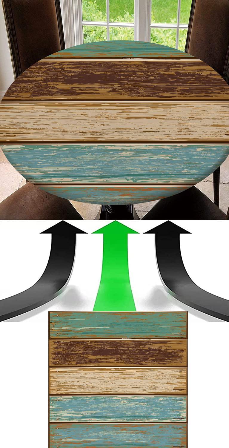 JCETUNO JCETUNO Wooden Tablecloth Elastic Edged Round Fitted Table, Blue Beach The Ultimate Protection for Your Table, Tablecloth Size 48\"(Fit for 36.2\"-40.1\" Table)