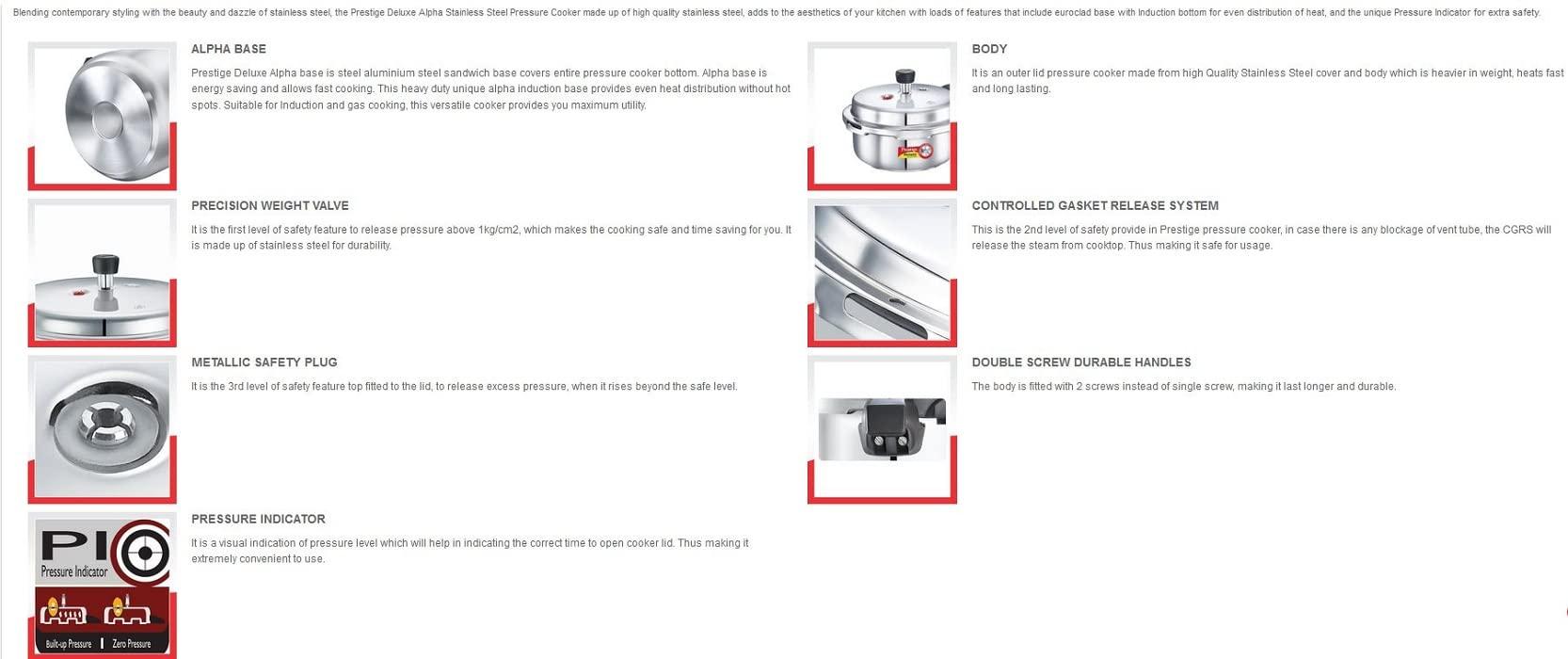 PRESTIGE Prestige Deluxe Alpha Stainless Steel Pressure Cooker, 2 Liters/2.11 Quarts