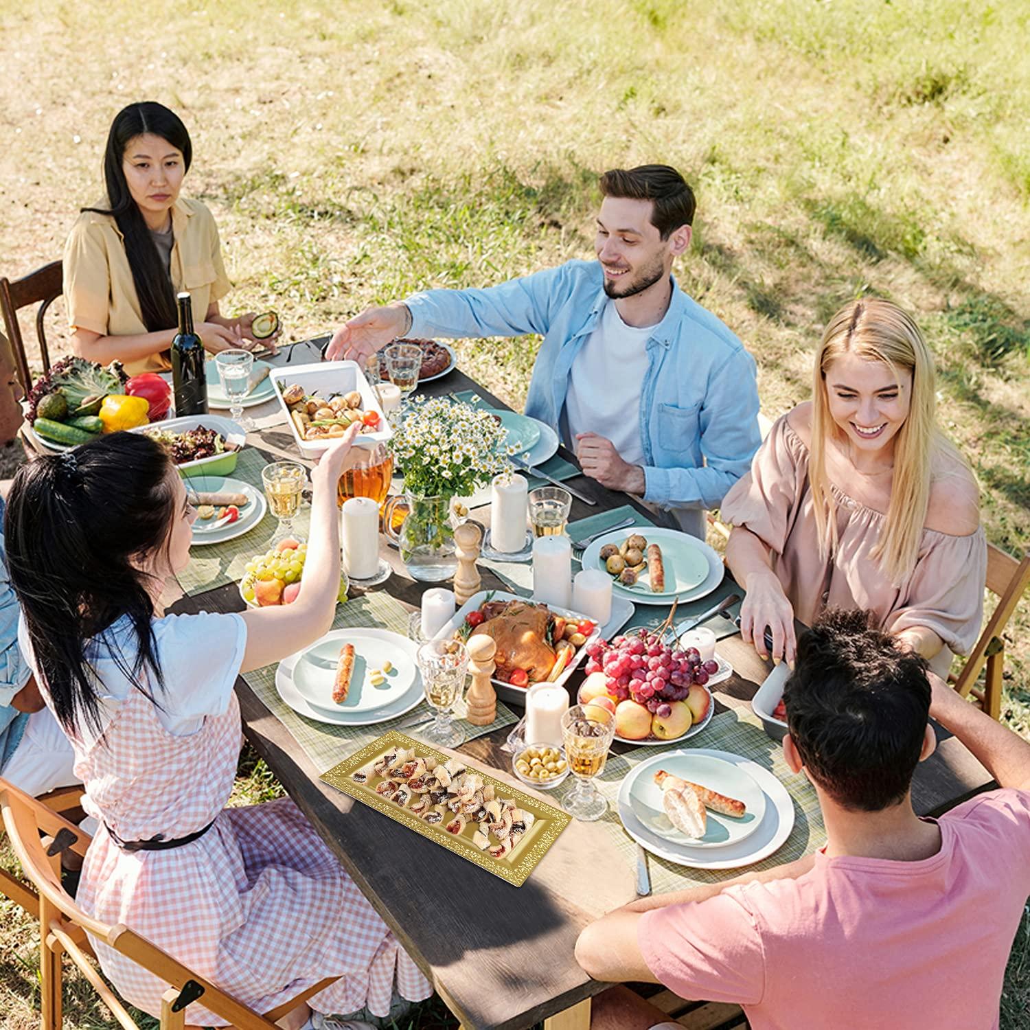 Yumchikel Decorative Plastic Serving Tray & Platter Set (2pk) - Gold Disposable Party Trays & Platters for Food - Weddings, Upscale Parties, Dessert Table, Cupcake Display - 14\"x7.5\" inches-Yumchikel