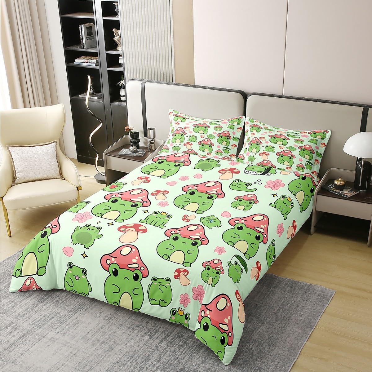 Castle Fairy Mushroom Frog 100% Organic Cotton Comforter Cover Cute Mushroom Duvet Cover Set Queen Size for Bedroom Cartoon Animals Plants Bedding Set with 2 Pillowcases(Not Comforter)