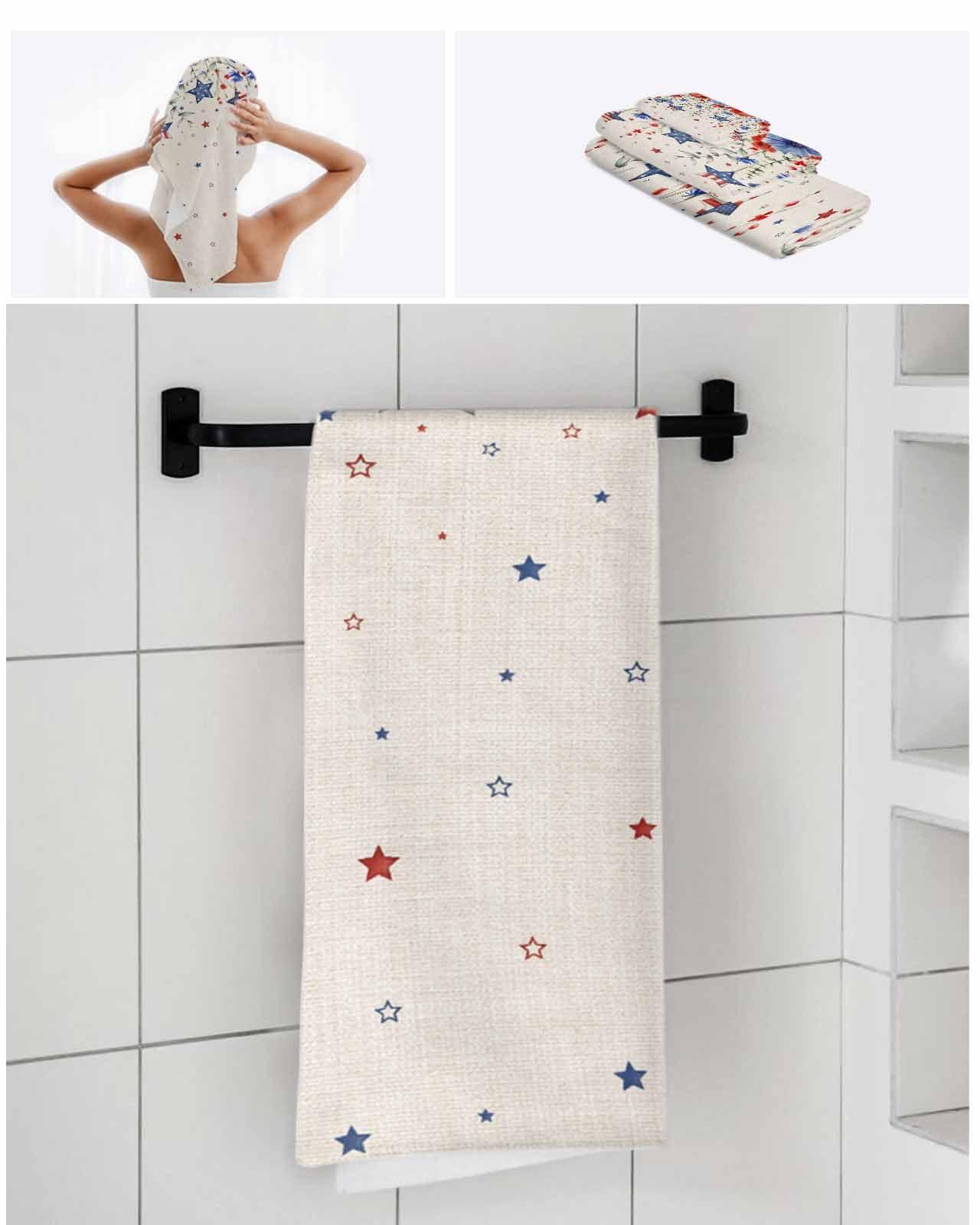 PIEPLE PIEPLE Patriotic Star Floral 3PCS Bath Towels Set, Super Soft Absorbent Bath Towel-Hand Towel-Washcloth, Luxury Beach Towel for Kitchen Shower Travel Vintage Independence Day Eucalyptus