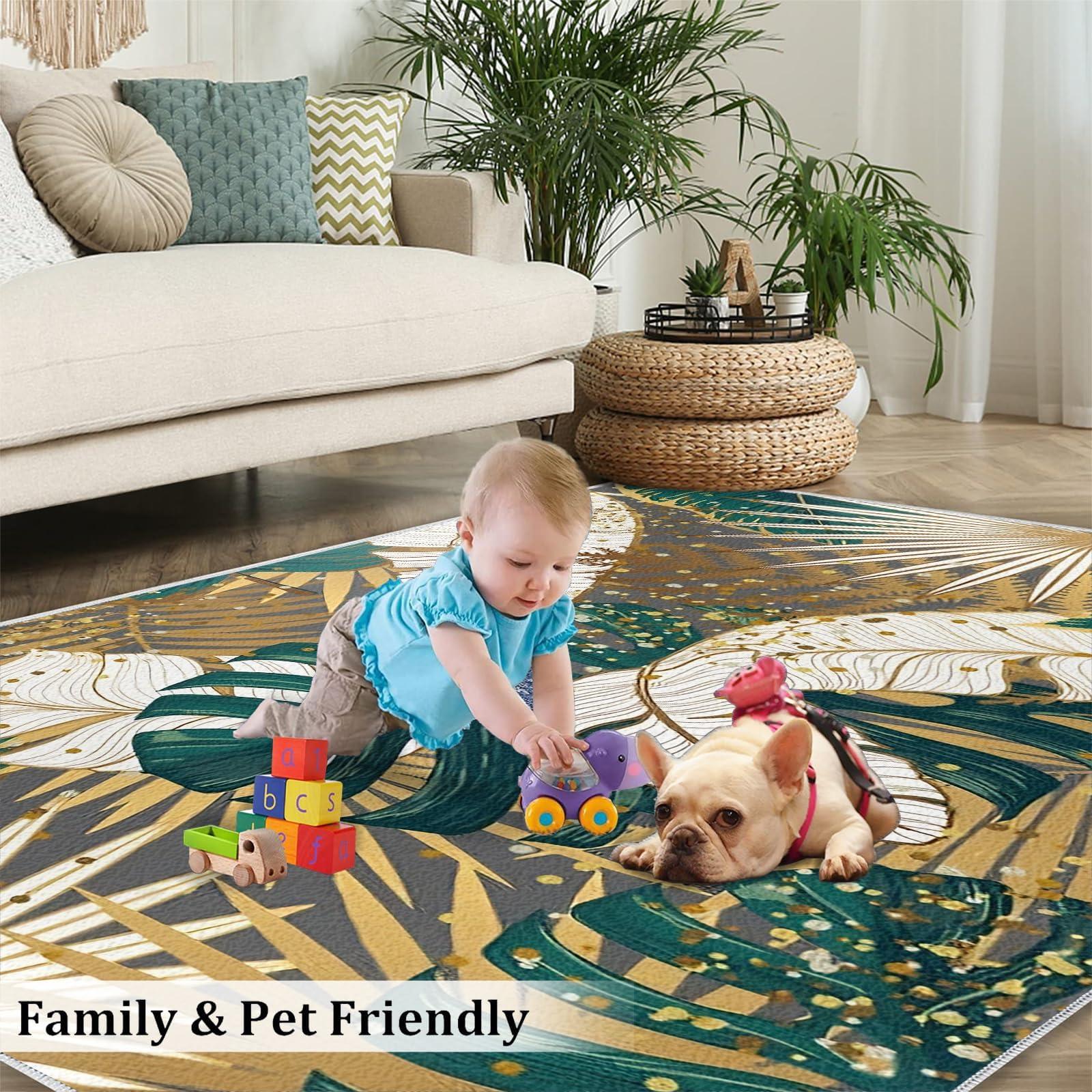 YAFAUJI Tropical Golden Green Palm Leaves Area Rug, Tropical Plant Leaves Home Decor Rug, Easy Clean Carpet with Anti-Slip Backing Durable for Bedroom Living Room Dining Room Office 5x6 ft