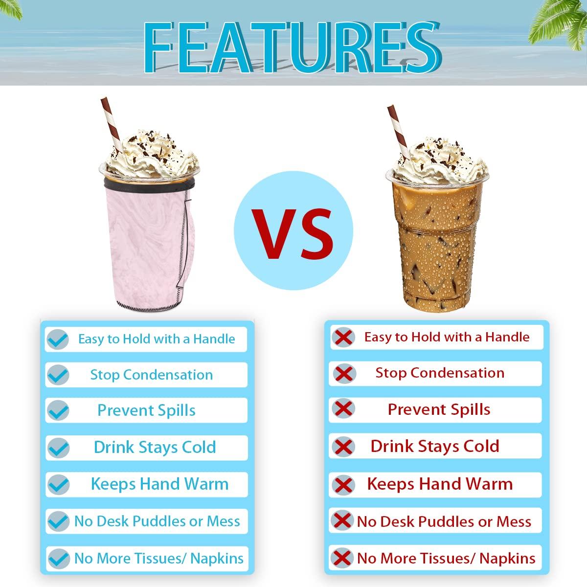 QsirBC Pink Marble Texture Iced Coffee Sleeve with Handle Reusable Neoprene Insulator Sleeve Holder for Cold Drinks Beverages Coffee Sleeves for Popular Brands Coffee Cup, Medium 24-28 oz