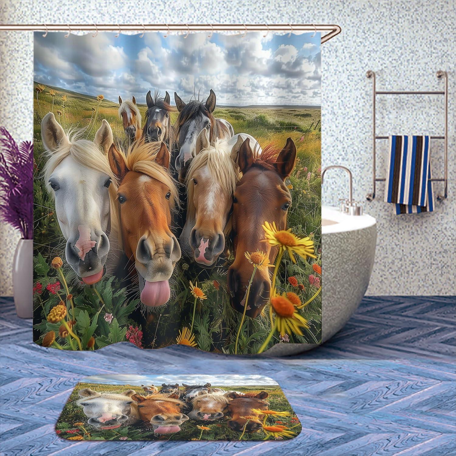 TprklhonE 4 Pcs Smiling Horse Shower Curtain Set with Non-Slip Rugs, Toilet Lid Cover and Bath Mat Wild Brown Horse Wild Animal Bathroom Decor Sets Accessories with 12 Hooks