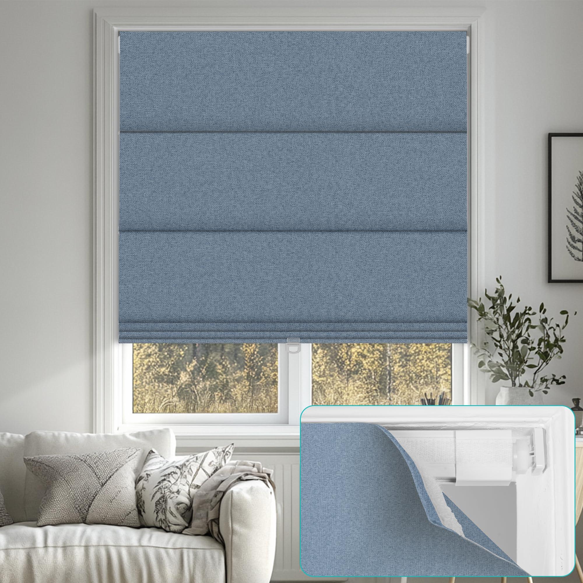 BERISSA BERISSA No Drill Cordless Roman Shades for Window, Blackout Roman Blinds Room Darkening Roll up Blinds Easy Install Linen Roman Window Shades for Inside Mount,35" W x 66" H,Jacquard Blue
