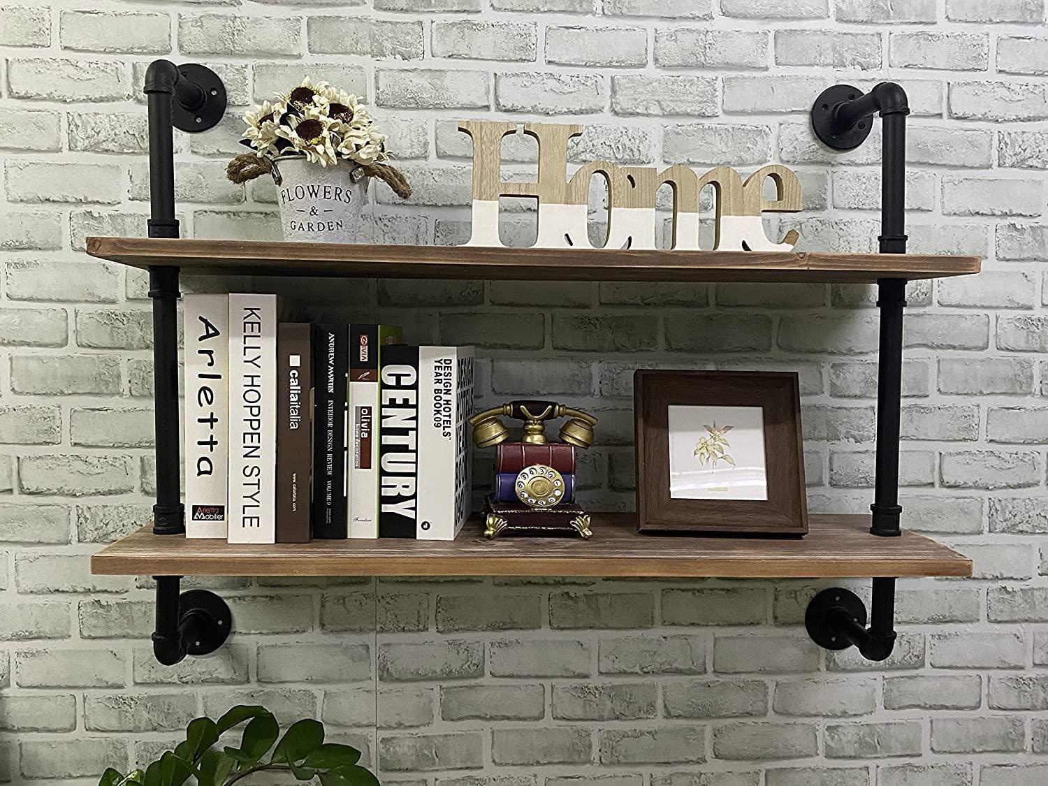 HDDFER Pipe Shelves Industrial Pipe Shelving Shelves Real wood Industrial Floating Pipe Shelves with Wood planks 36 inch Industrial Wall Shelves Rustic Hanging Bookshelf Farmhouse Kitchen Bar Shelving HDDFER