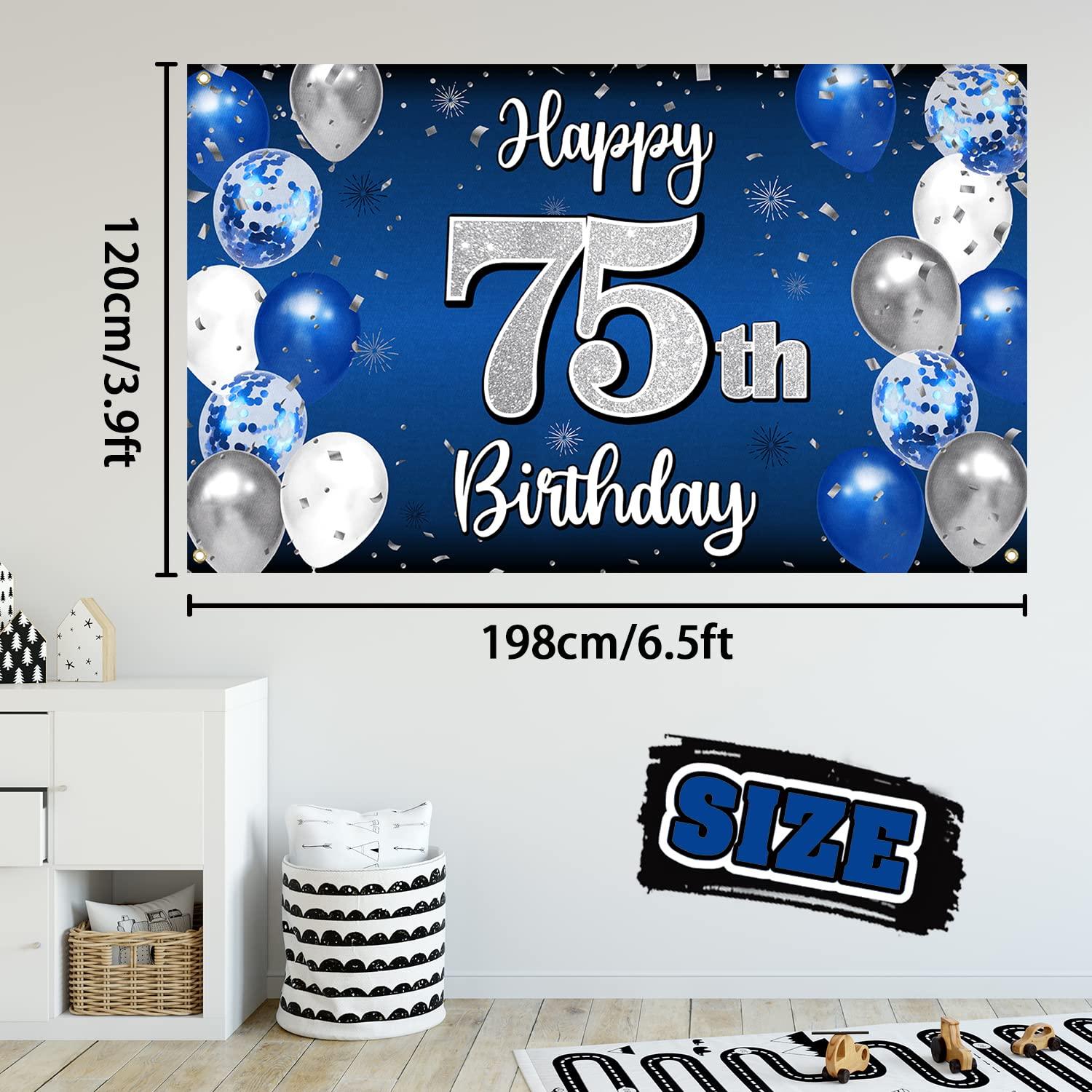 Nelbiirth Nelbiirth Happy 75th Birthday Decorations,75th Blue & Silver Balloon Large Birthday Banner Backdrop Sign,75th Bday Party Supplies.