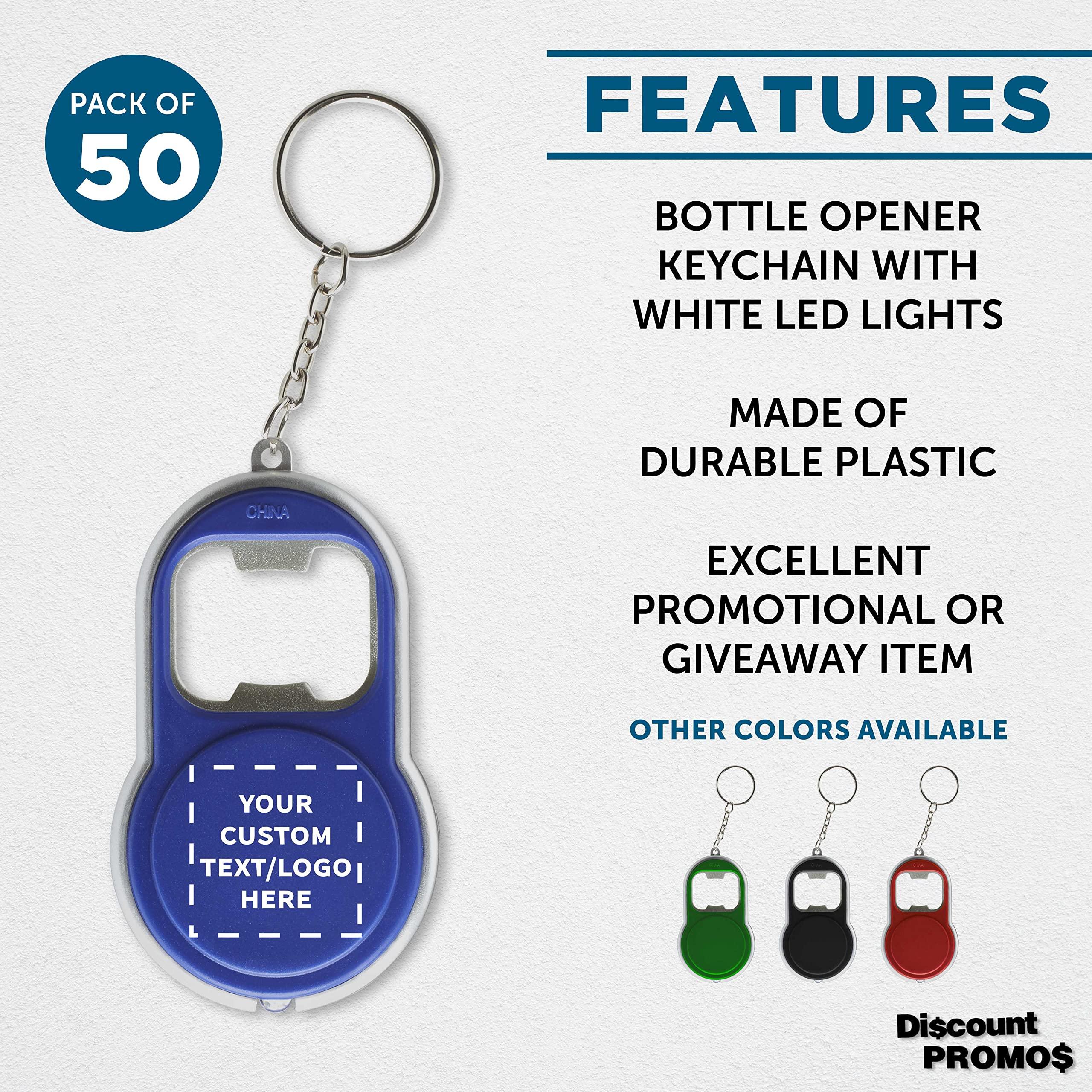 DISCOUNT PROMOS DISCOUNT PROMOS Custom Bottle Opener & LED Keychains Set of 50, Personalized Bulk Pack - Perfect for Tradeshows, Party Favors, Other Events - Blue