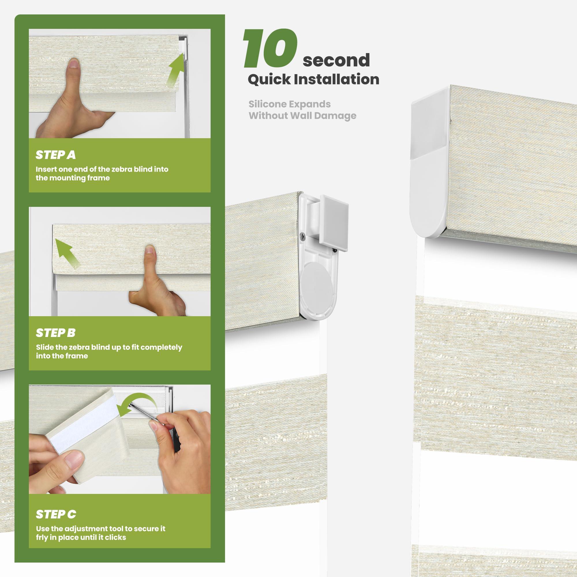 MoDanCeQ MoDanCeQ No Drill No Tools Cordless Dual Layer Zebra Blinds for Windows, Blackout Zebra Shade for Indoor Windows,Easy to Install Thermal Insulated Blinds, Brown, 26" W x 64" H