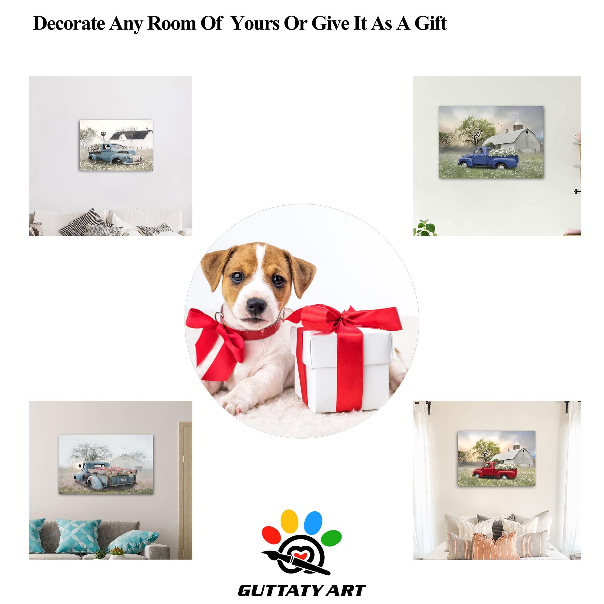 GUTTATY Farmhouse Truck Wall Art, Farmhouse Canvas Wall Art, White Barn Pictures Wall Art, Country Antique Pickup Truck Canvas Prints, Pink Truck With Petunias Canvas Wall Decor for Livingroom 28x40 Inches