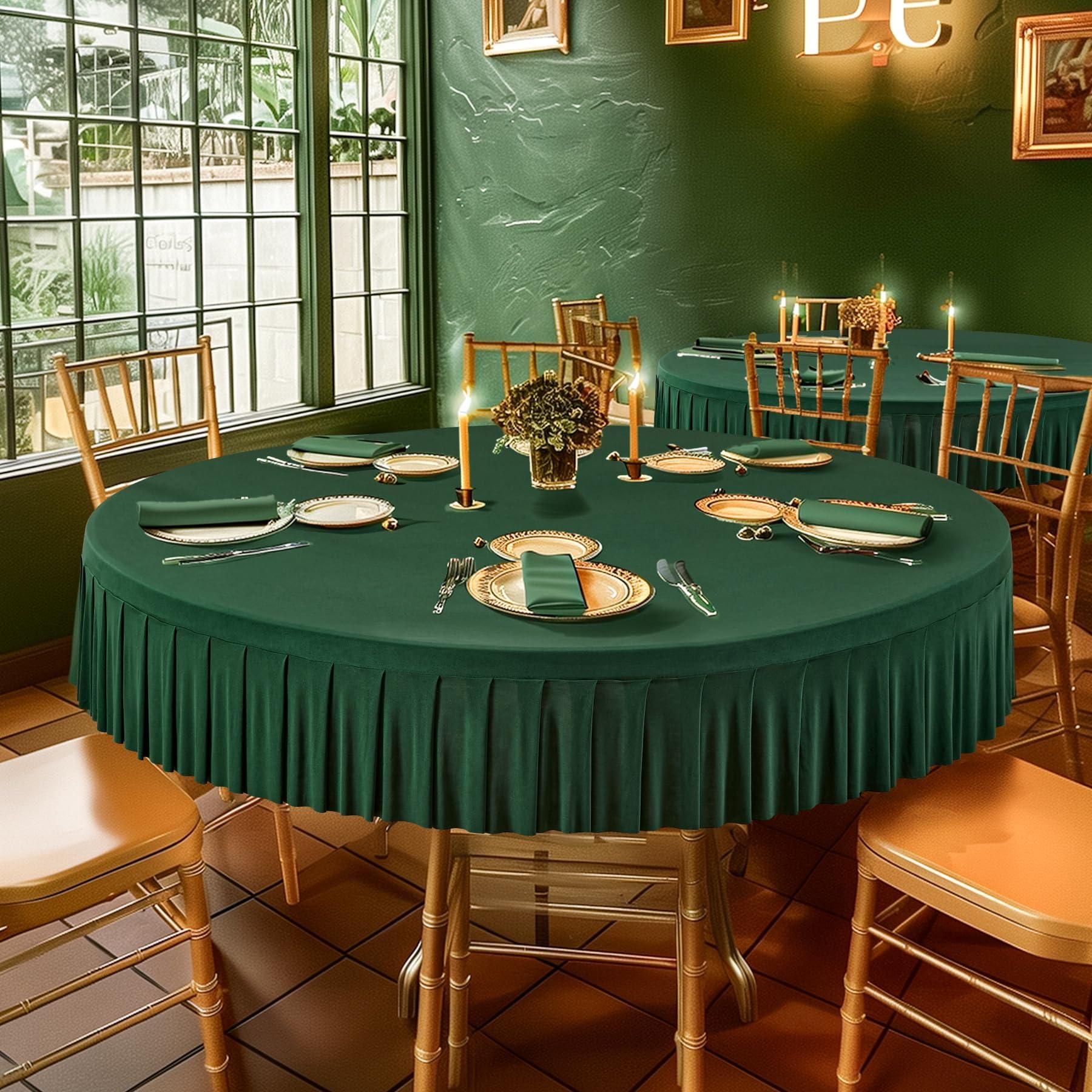 Party Talk 8 Pack Green Spandex Round Tablecloths for 60 inch Table, Stretchy Fitted 5FT Round Table Cloths Wrinkle Free Round Table Covers with Table Skirt for Christmas Wedding Banquet Birthday Party