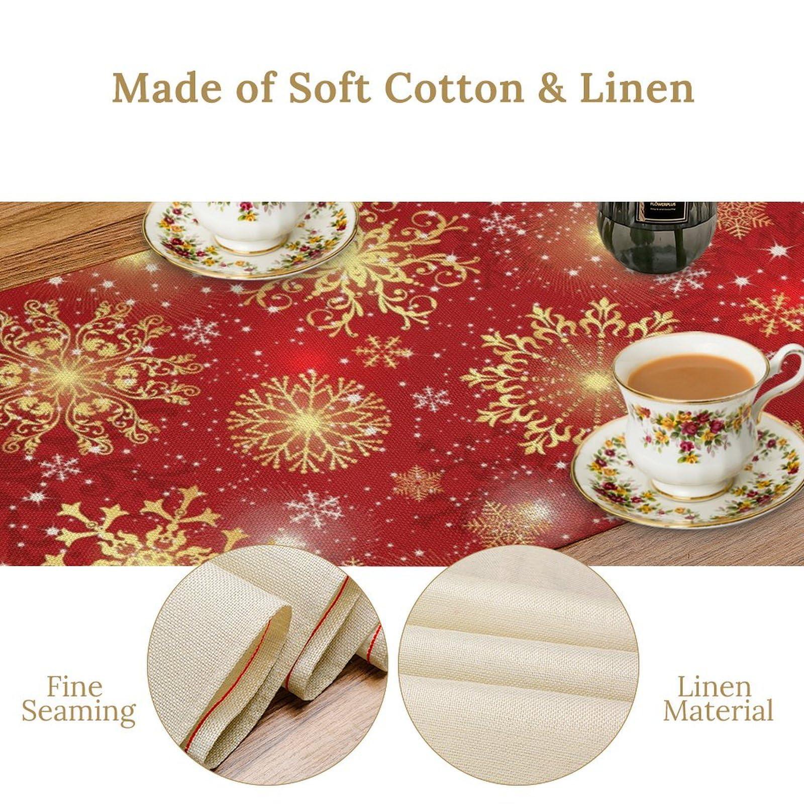 JanJCurt JanJCurt Golden Snowflake Table Runner, Happy New Year Red Golden Snowflakes Stars Winter Christmas Holiday Kitchen Dining Table Decoration for Home Party Decor, 13x90inch
