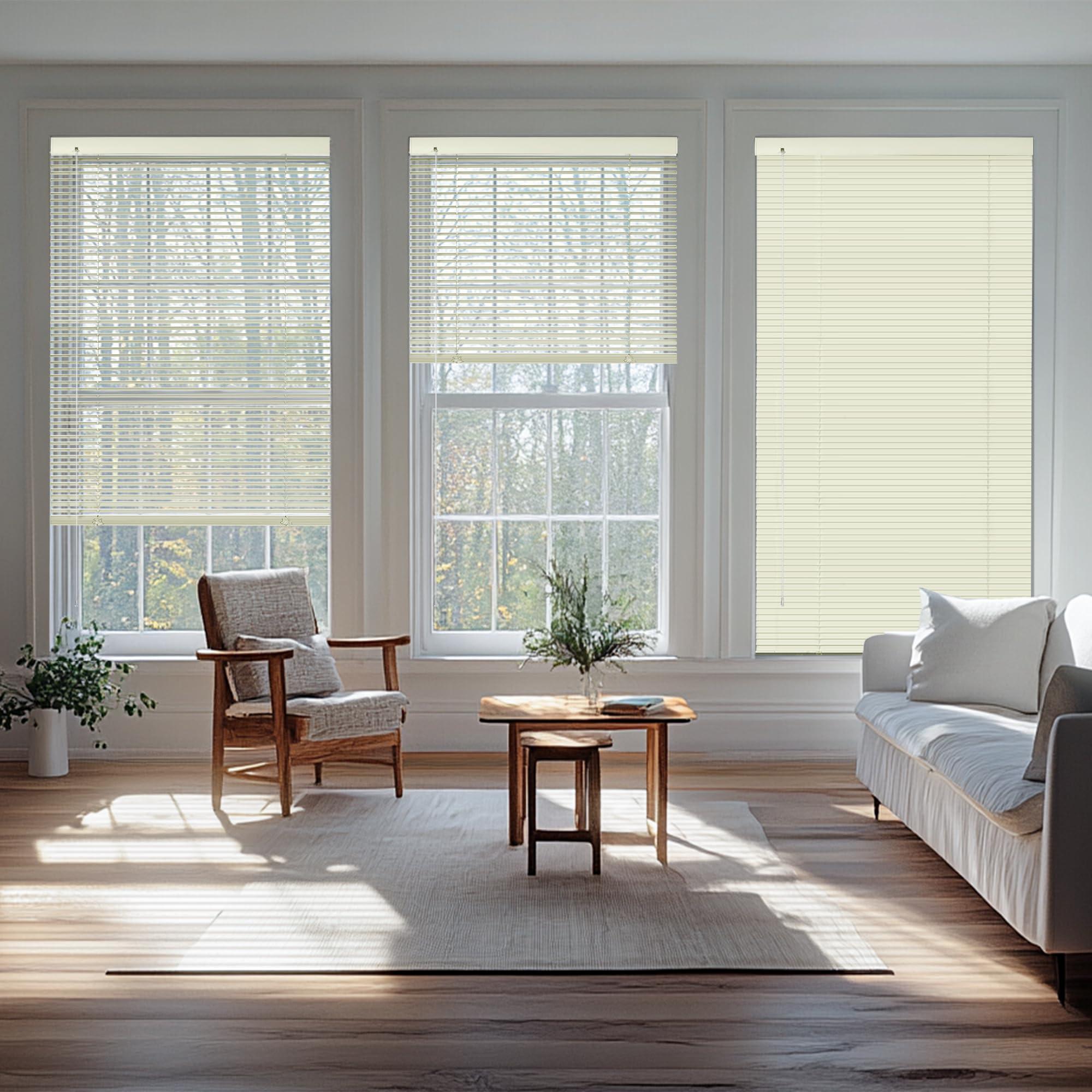 Boolegon Boolegon Aluminum Mini Blinds Cordless Venetian Blind New 1 Inch Metal Slat Horizontal Blinds Anti-UV Waterproof Venetian Windows Blind for Office Home, Beige, 44" W x 39" H