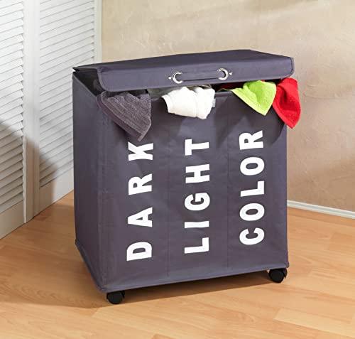 WENKO WENKO Trivo Basket, Laundry Sorter, with Lid, Hamper, Laundry Bin, 3 Section, 3 Bag, Room Storage, 30.64 gallon/22\" x 23.6\" x 13.8\", Grey