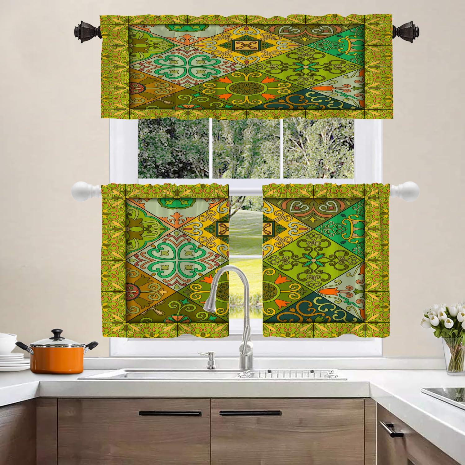 Shrahala Shrahala Olive Green Mexican Pattern with Tiles Kitchen Valances, Abstract Half Window Curtain Window Treatment Multilayer Polyester Blackout for Living Room Bathroom 2 Pack 52 x 16 in