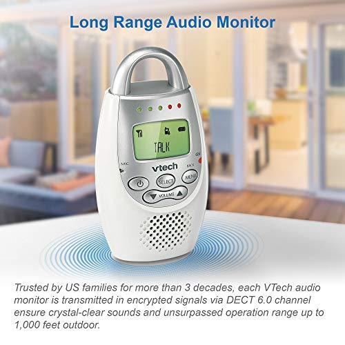 VTech VTech DM221 Audio Baby Monitor with up to 1,000 ft of Range, Vibrating Sound-Alert, Talk Back Intercom & Night Light Loop, White/Silver