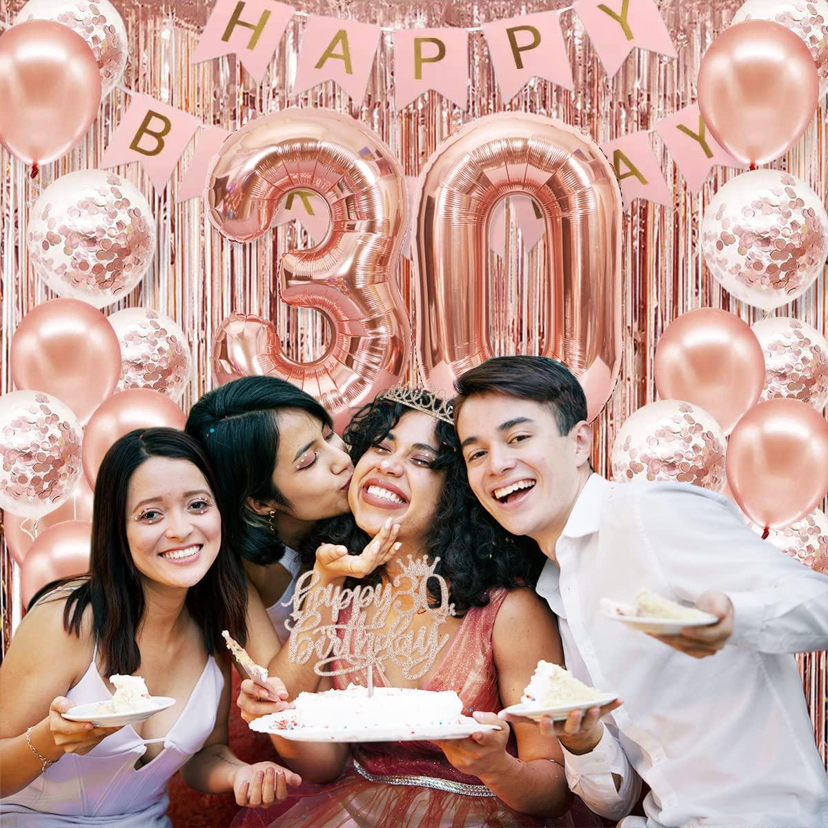PopularLdo 30th Birthday Decorations for Her, Happy 30th Birthday Banner, Crown, Sash, Cake Topper and Number Balloon, Rose Gold 30th Birthday Party Decorations for Women