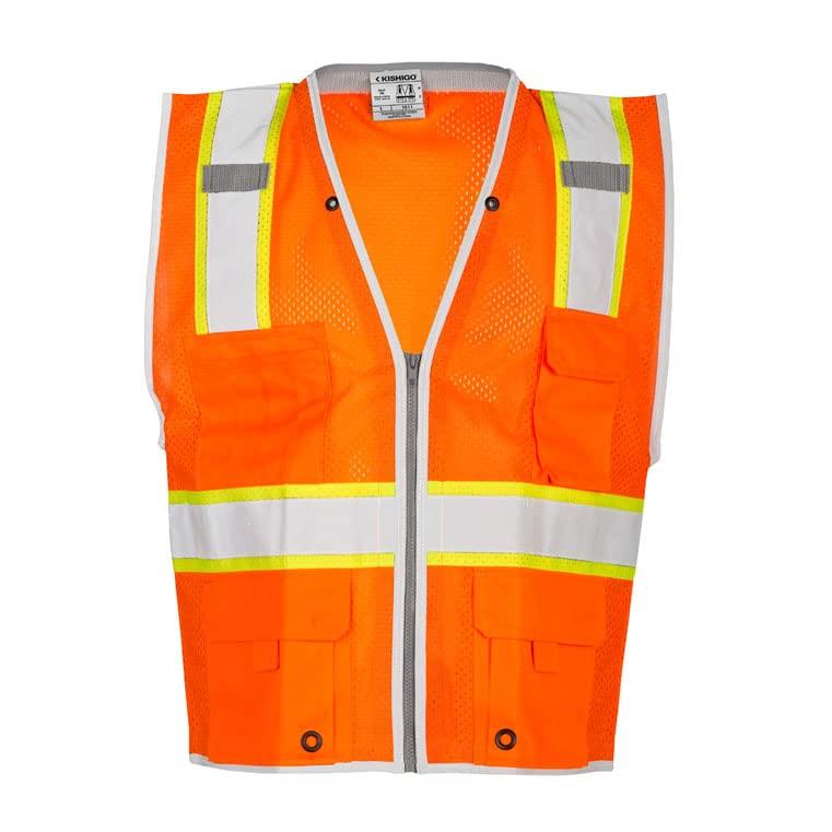 Kishigo Kishigo Premium Brilliant Series Heavy Duty Unisex Reflective Safety Vest 1511, ANSI Type R / Class 2 Compliant, 6 Pockets Including Radio & Pencil Pocket, Silver Lining & Trim (Orange), Small