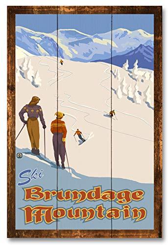 Northwest Art Mall Brundage Mountain Idaho Mountain Slope Skiers Rustic Wood Art Print from Travel Artwork by Artist Paul A. Lanquist 12" x 18"
