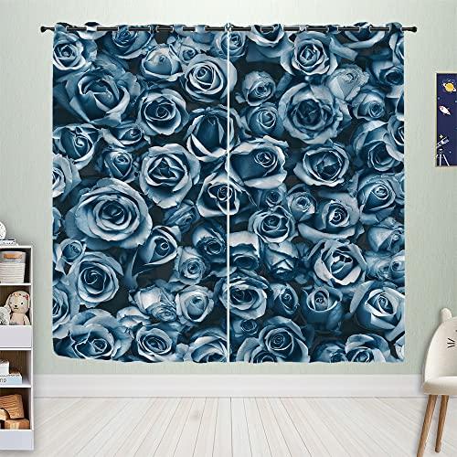 FCDM Blue Rose Window Curtain,Turquoise Rose Bathroom Set Decor Blackout Curtains Royal Blue Gray Home Bedroom Living Room Grommet Thermal Insulated Window Curtain/Drapes Panel 42x63 in
