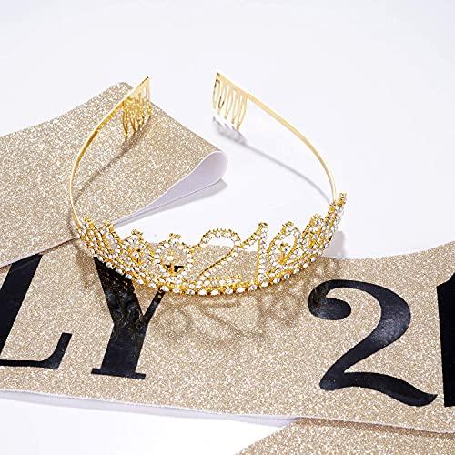 JunyRuny 21st Birthday Decorations for Her, Birthday Sash & Tiara Set, Happy Birthday Gifts, Birthday Sash and Crown for Women, 21 Birthday Girl Party Supplies (Gold Glitter with Black Lettering)