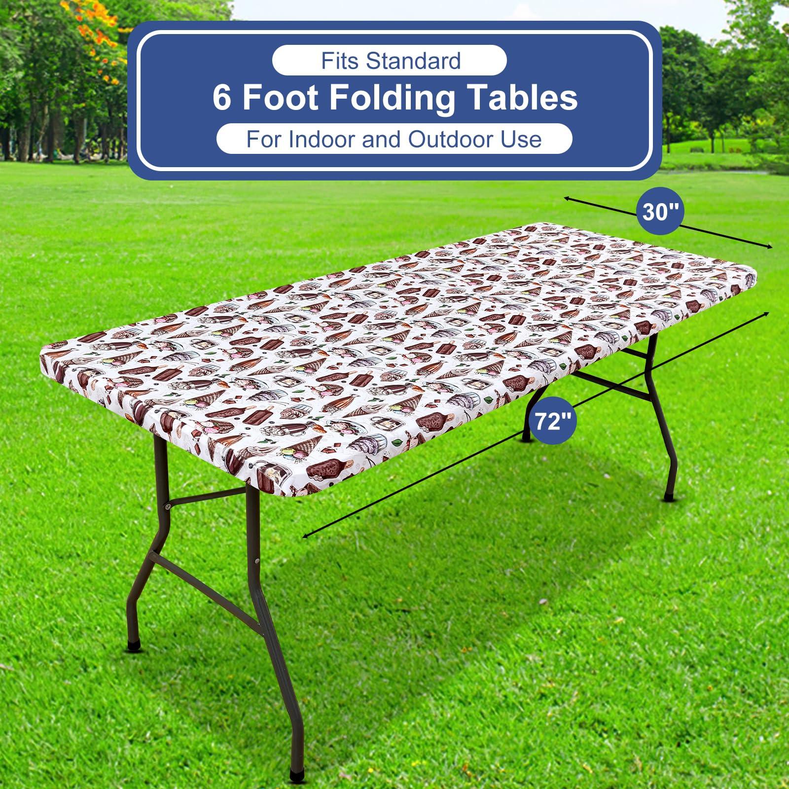 homing homing Rectangle Printed Fabric Tablecloth, Elastic Fitted Table Cloth for 6 Foot Table, Washable Polyester Table Cover for Outdoor, Picnic, Camping and Indoor, (Ice Cream, 30\" x 72\")