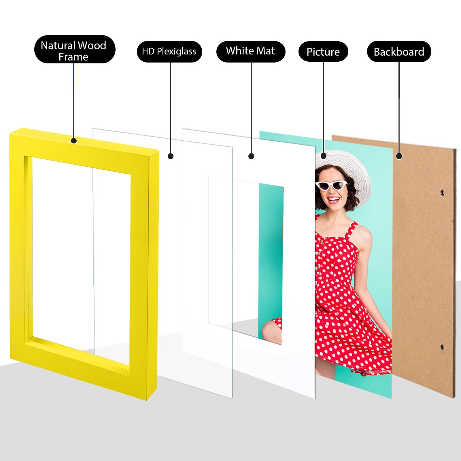 KINLINK KINLINK 6x8 Picture Frame Yellow,Wood Frame with Acrylic Plexiglass for Pictures 4x6 with Mat or 6x8 without Mat, Tabletop and Wall Mounting Display, 1 Pack