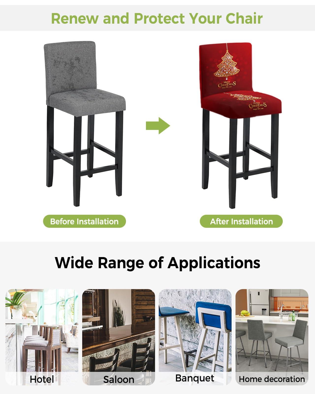 Anzona Anzona Christmas Bar Stool Cover Set of 4, Xmas Tree Red Ombre Merry Christmas Stretch Bar Chair Cover, Removable Washable Pub Counter Stool Chair Slipcover for Kitchen Dining Room Pub Cafe