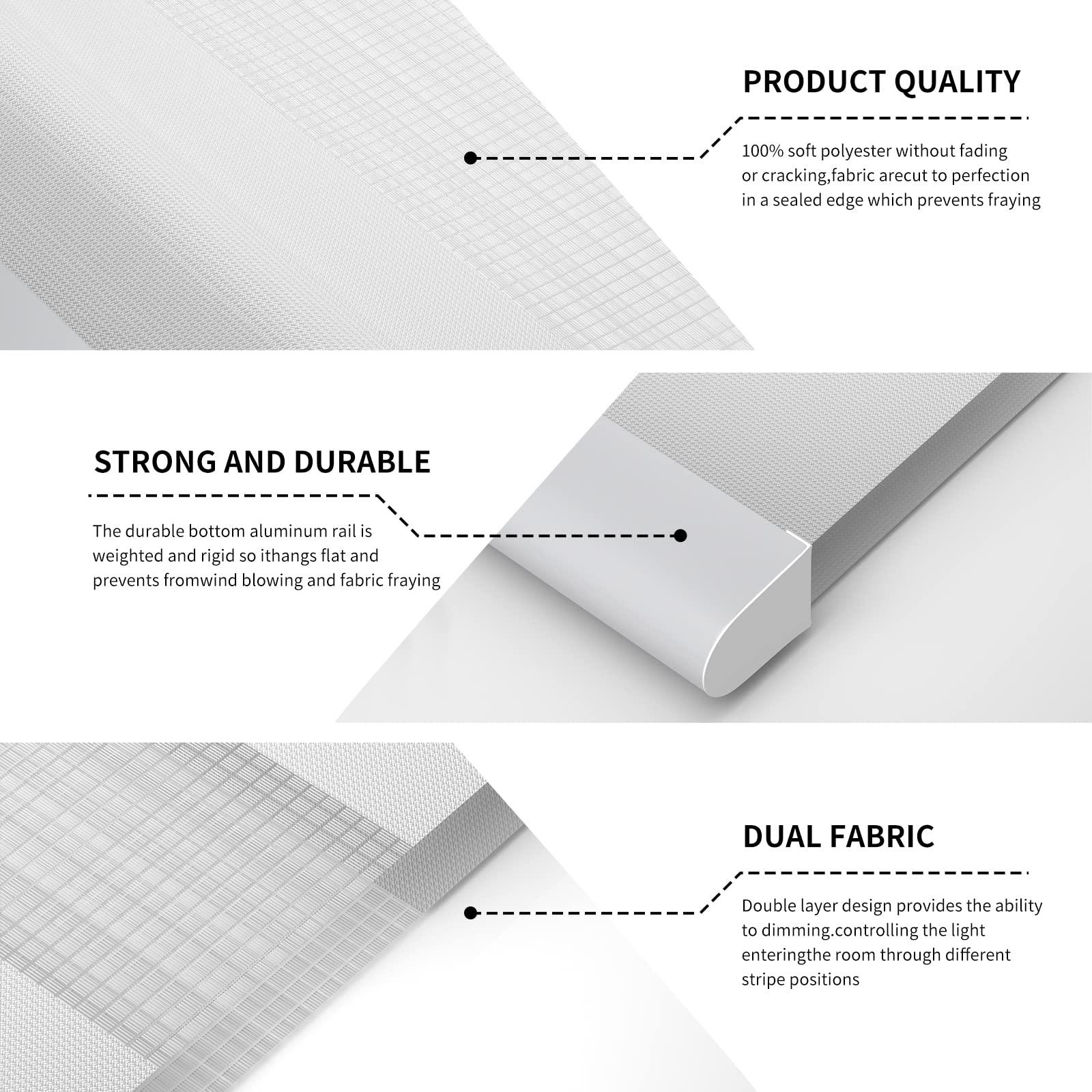 Tsemrec Zebra Blinds for Windows Cordless Window Shades Day and Night Roller Shades Dual Layer Sheer Roller Blinds for Living Room,Bedroom,Easy to Install[White,53" Customize]