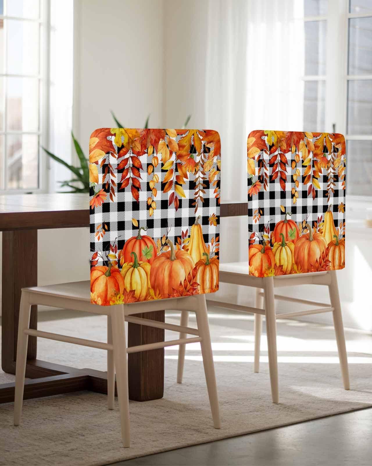 LOVE HOME DAY Fall Thanksgiving Chair Back Covers Set of 8,Orange Pumpkin Maple Leaf Harvest Farm Chair Slipcovers,Black and White Removable Dining Chair Protector for Kitchen Hotel Restaurant Banquet Decor