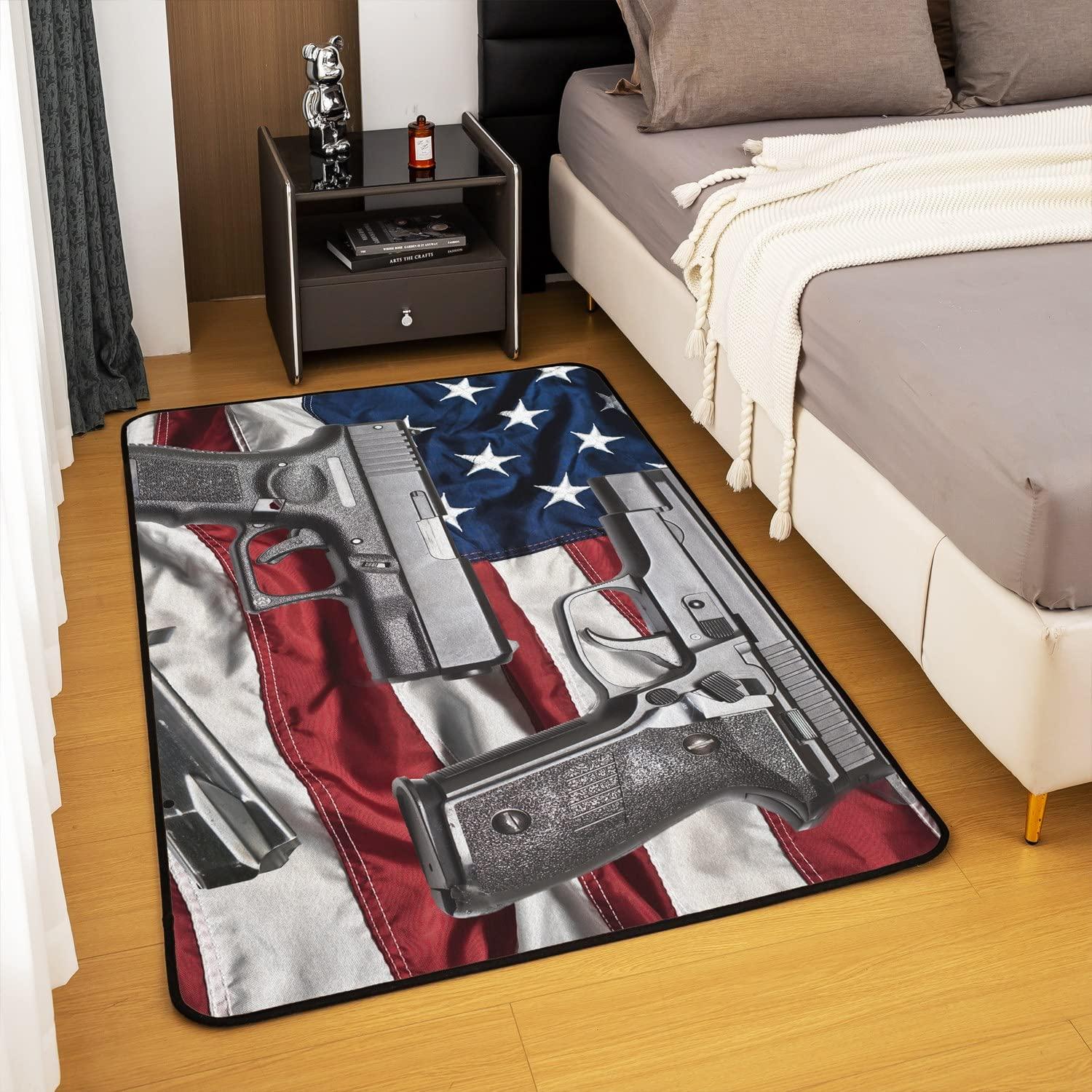 jejeloiu American Flag Area Rug 5'x7' Gun Living Room Rugs for Bedroom Home Decorative Weapon Carpet Ultra Soft Non-Slip Indoor Floor Mat