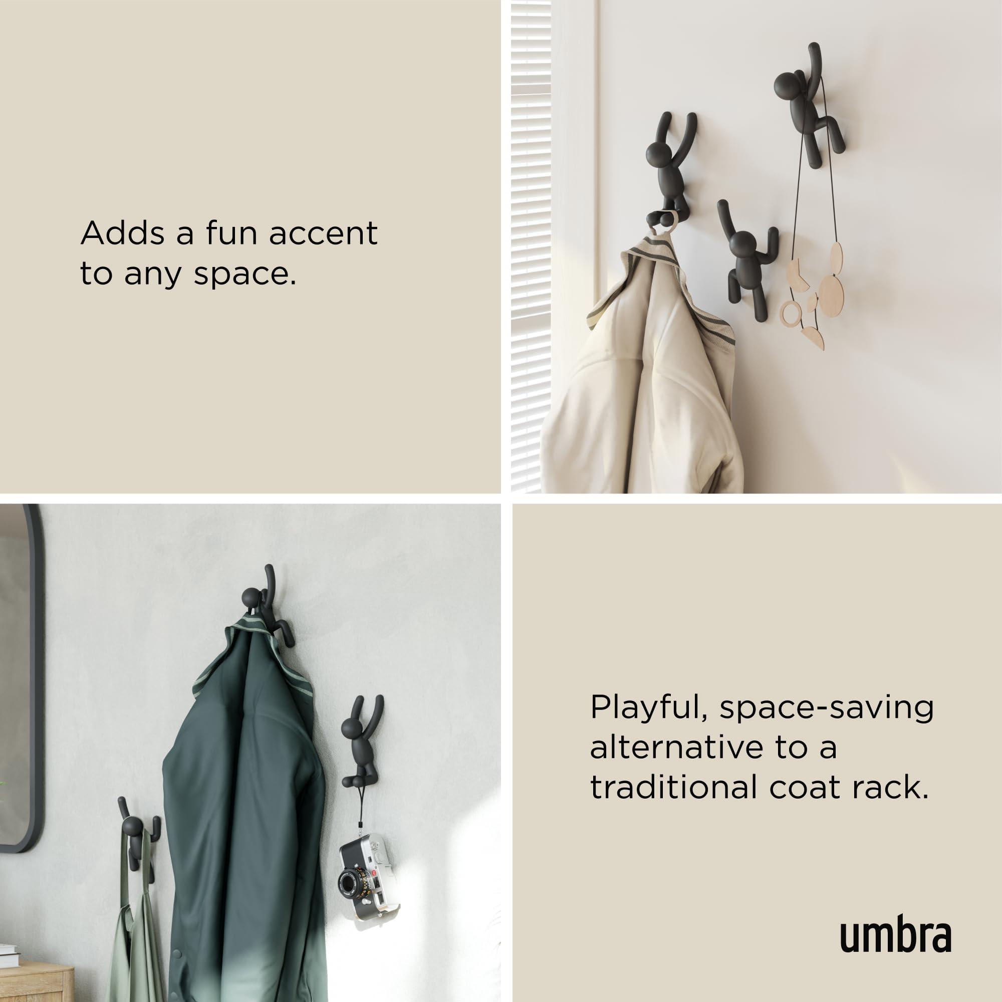 Umbra Umbra Buddy Wall Hooks Decorative Wall Mounted Coat Hooks for Hanging Coats, Scarves, Bags, Purses, Backpacks, Towels and More, Set of 3, Black