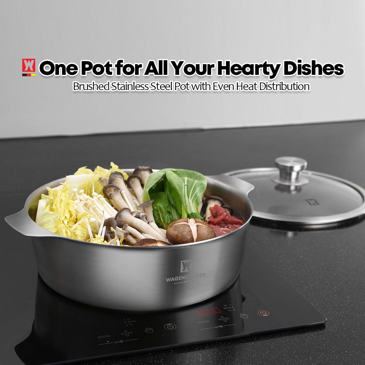 WAGENSTEIGER WAGENSTEIGER 4.18Quarts Stainless Steel Saut pan Casserole Pot with Tempered Glass Lid, Stock Pot, 3-Ply Construction with Aluminum Core, Stylish Design, Brushed Finish