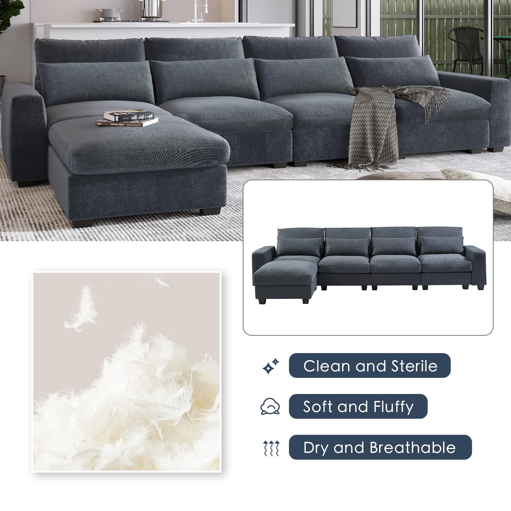 PONLEE Extra Wide Deep Seat Feather Filled Convertible Modular Sectional Sofa Cloud Couch with Reversible Chaise and Waist Pillows, 6 Seater Oversized Sleeper Lounge Sofa&Couches for Living Room Office