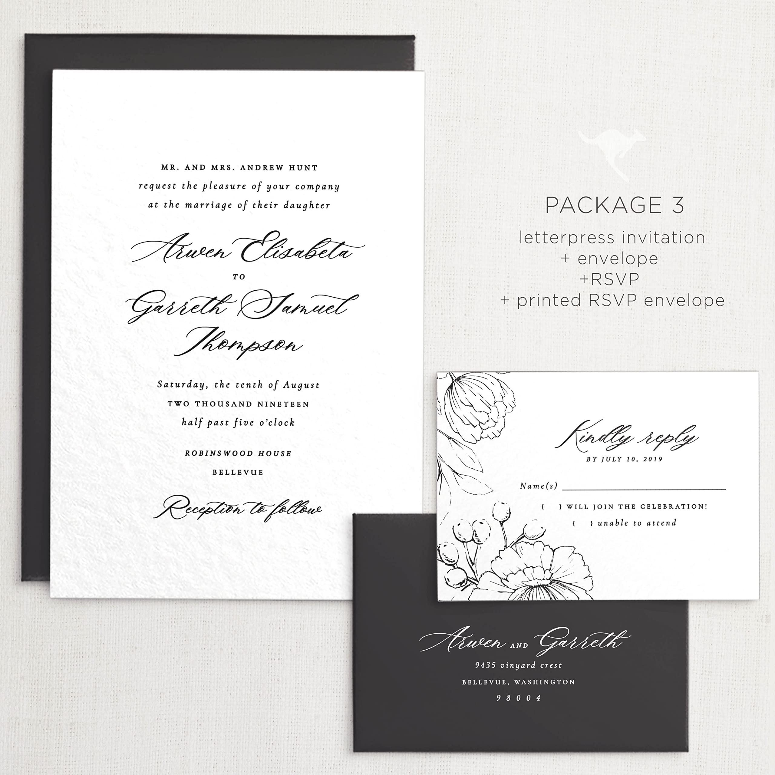 marsupial papers Letterpress Wedding Invitations | Customizable Elegant, Floral, Custom Printed | Arwen Wedding Invitation with RSVP Envelopes Details Cards (Set of 50, Package 4)