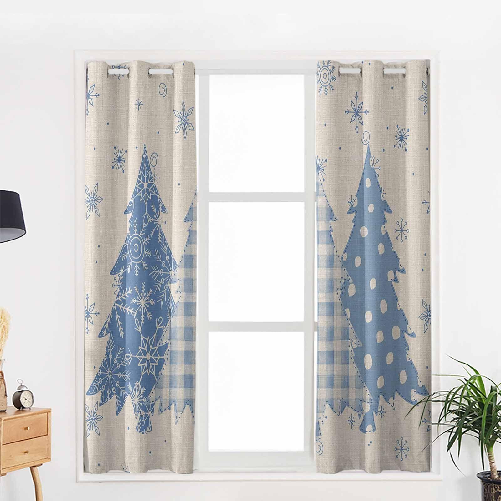 Double Love Christmas Tree Boho Blackout Curtains 84 Inches Long for Bedroom, Blue Winter Snowflakes Bohemian Thermal Insulated Room Darkening Black Out Window Curtain Panels Grommet Drapes for Living Room, 84x84