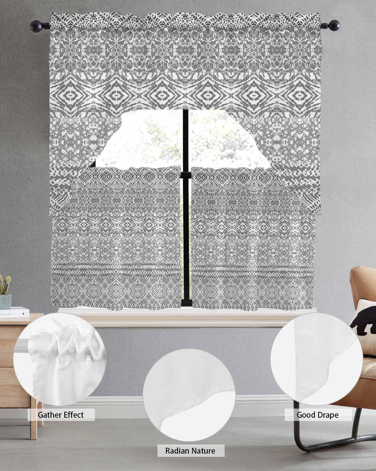 Onekaccu Gray Boho Swag Curtains Valance and Tier Set,Rod Pocket Curtain Drapes for Bathroom Over Sink Kitchen Curtains 3 Piece Set Gradient Batik Aesthetics Bohemian Tie Dyeing Mandala Swag Valances 24\" Tiers