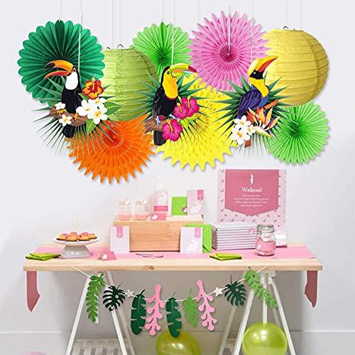 PAPER JAZZ Tropical Bird Toucan Leaf Garland Party Kit for Summer Hawaiian Luau Tiki Tropical Jungle Themed Party Decorations Luau Party Supplies Decor with Paper Palm Leaves Paper Fan Paper Lanterns