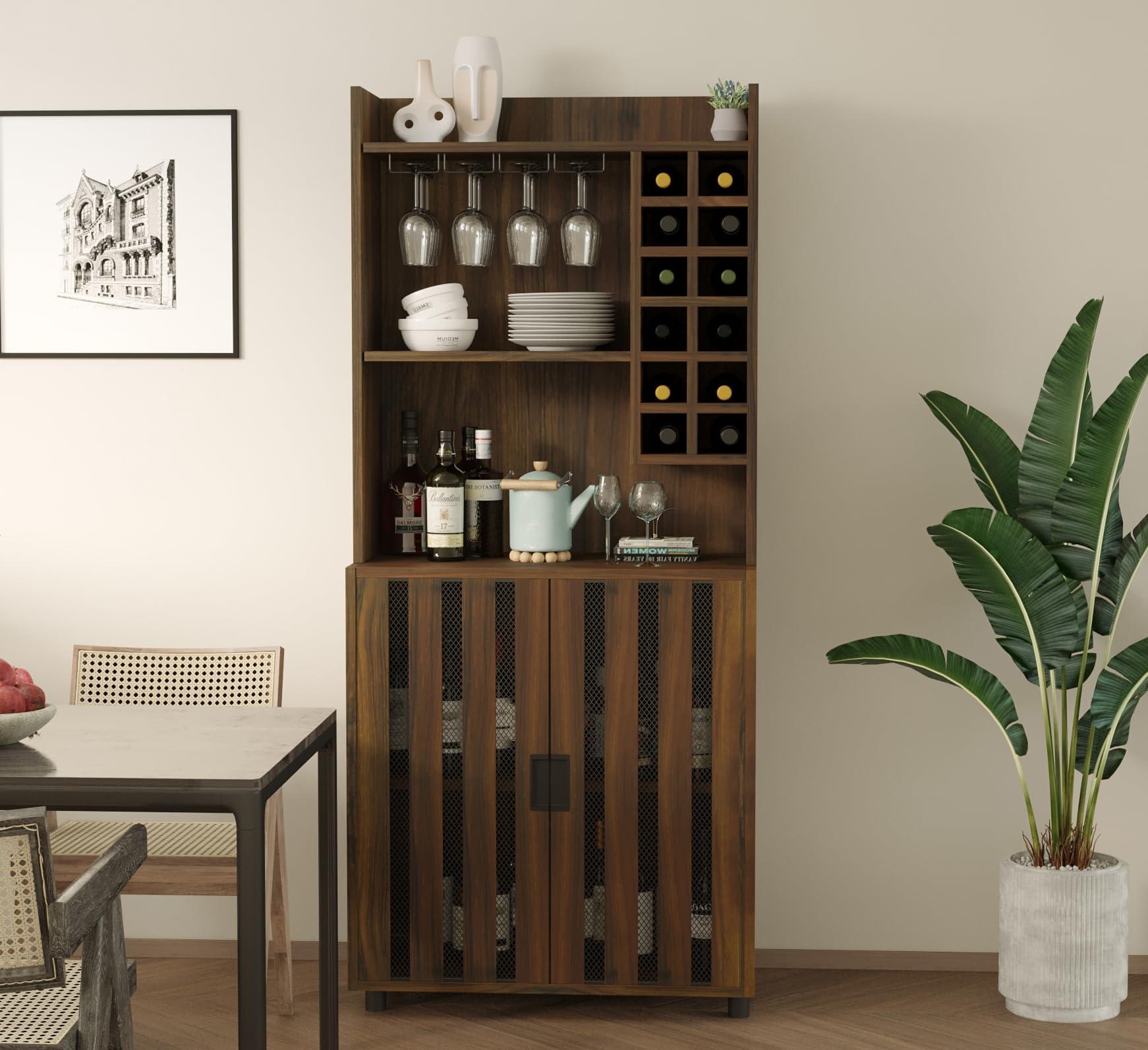 Orweiin Orweiin Wine Bar Cabinet for Liquor and Glasses with 12 Wine Bottle Racks, Kitchen Hutch Storage Cabinet for Living, Dinning Room, HallwayDoors That Combine Wire Mesh with MDF