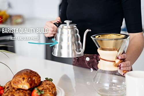 Barista Warrior Barista Warrior Pour Over Coffee Kettle with Thermometer for Exact Temperature - Gooseneck Pour Over Kettle for Pour Over Coffee and Tea, Stainless Steel Kettle for all Stovetops (1.0 Liter, 34 fl oz)