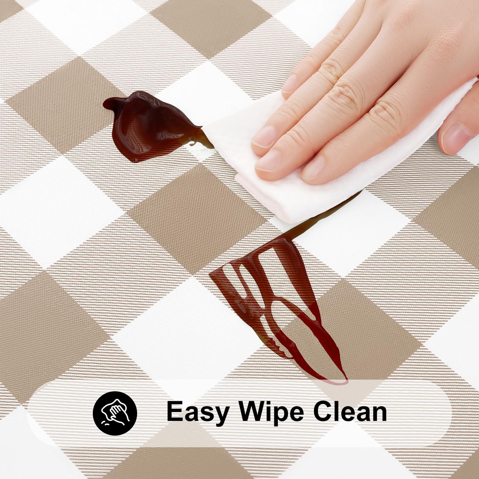 smiry smiry Rectangle Picnic Table Cloth, Elastic Waterproof Fitted Vinyl Tablecloth for 6 FT Tables, Flannel Backed Buffalo Plaid Table Covers for Dining, Camping, Outdoor (White and Khaki, 30\" x 72\")