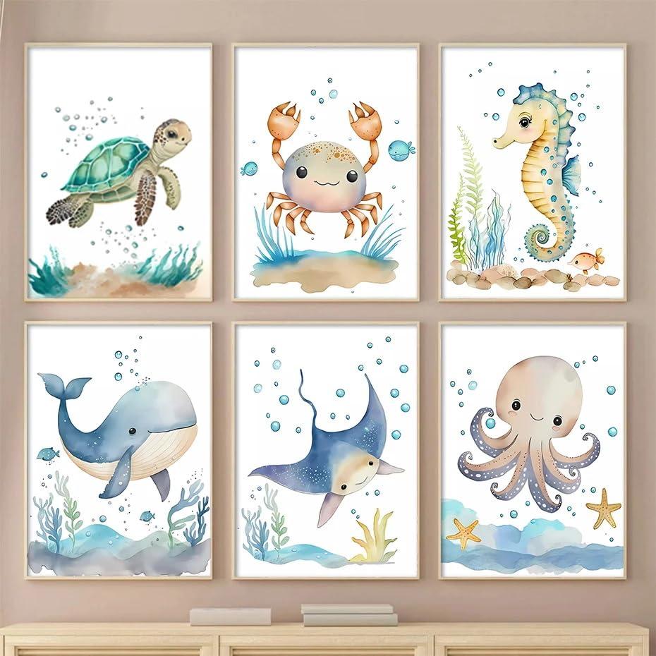 Sfwarmart Sfwarmart Cartoon Ocean Animals Whale Seahorse Turtle Nursery Wall Art Canvas Painting Poster And Prints Wall Picture Baby Kids Room Decor 8x10Inchx6pcs Unframed