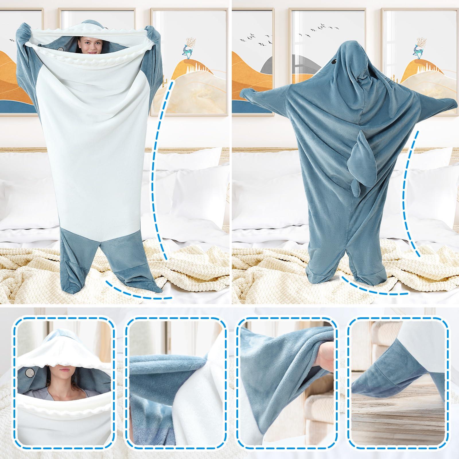 Touchat Touchat Shark Blanket Hoodie Onesie, Wearable Blanket Hoodie Adult, Warm Flannel Throw Blanket Shark Tail Sleeping Bag, Cartoon Costume Shark Onesie Funny Gifts for Adults (Blue, XL)