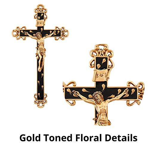 Pewter Wall Crucifix Golden Brown Epoxy Wall Cross Crucifix with Gold Toned Floral Details, Religious Home Decor, 10 Inch